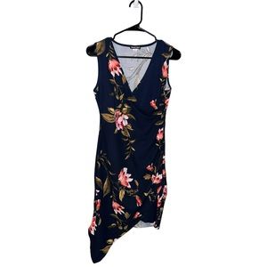 Wearever Navy Blue and Pink Floral Asymmetrical Hemline Faux Wrap Tank Dress
